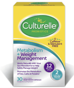 An image of Culturelle Pro Strength Daily Probiotic + Weight Management capsules. The capsules are white and green, symbolizing the brand's commitment to natural ingredients.