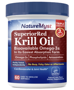 This image depicts a bottle of NatureMyst Krill Oil, a health supplement. The packaging is simple yet professional, featuring a predominantly white and blue design. The brand name, 'NatureMyst', is clearly visible at the top, with 'Krill Oil' prominent in the center, signifying the main ingredient. The label also highlights key features like the amount of Omega-3 fatty acids and astaxanthin present in the product. The overall design suggests a focus on transparency and quality, aligning with the brand's authoritative presence in the health supplement industry.