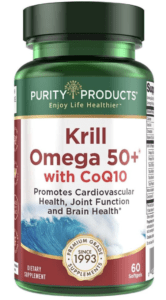 This image presents a bottle of Purity Products' Krill Omega 50+ with CoQ10, a dietary supplement. The design is characterized by a professional aesthetic with a vibrant blue and white color scheme. The brand name 'Purity Products' is prominently displayed at the top, with the product's name, 'Krill Omega 50+ with CoQ10', situated in the center. This highlights the key ingredients used, which are known for their potential benefits in promoting heart health and energy production. The packaging design underscores the brand's dedication to delivering high-quality, scientifically-backed health products