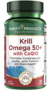 This image presents a bottle of Purity Products' Krill Omega 50+ with CoQ10, a dietary supplement. The design is characterized by a professional aesthetic with a vibrant green and white color scheme. The brand name 'Purity Products' is prominently displayed at the top, with the product's name, 'Krill Omega 50+ with CoQ10', situated in the center. This highlights the key ingredients used, which are known for their potential benefits in promoting heart health and energy production. The packaging design underscores the brand's dedication to delivering high-quality, scientifically-backed health products