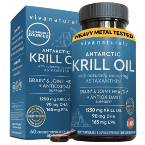 This image showcases a bottle of Viva Naturals Antarctic Krill Oil, a dietary supplement renowned for its health benefits. The packaging employs a clean and professional design, using a white and blue color scheme that suggests purity and trust. The brand name 'Viva Naturals' is displayed at the top, while 'Antarctic Krill Oil' resides in the center, indicating the core ingredient of the product. The label also provides key information about the product's benefits and contents, reflecting the brand's commitment to transparency and consumer education. This visual representation reinforces Viva Naturals' authority and reliability in the health supplement industry.