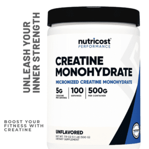 Alt text: A container of Nutricost Creatine Monohydrate Powder, a dietary supplement designed to boost athletic performance and muscle strength. The product is unflavored and micronized for better absorption.