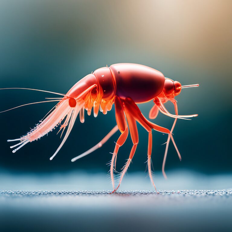 Close-up view of vibrant, red krill. The tiny crustacean, renowned for its health-boosting properties, is captured in stunning detail against a deep blue backdrop.