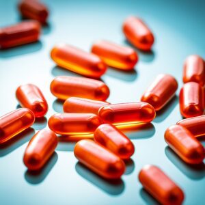 Close-up image of glossy, red krill oil capsules. The rich, omega-3 packed supplements are showcased in high definition, hinting at the heart-healthy benefits within.