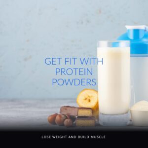 A tub of high-quality protein powder positioned next to a durable shaker bottle with a vibrant blue lid. The shaker is designed for easy mixing, ensuring a smooth, lump-free protein shake every time. The image encapsulates the foundation of muscle health and strength maintenance.