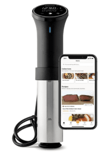 A silver and black cylindrical device with a digital touch screen display and a clamp that attaches to a pot of water. The device is labeled as Anova Precision Cooker 3.0 and has a power cord that plugs into an outlet. The device is used for sous vide cooking, which involves sealing food in a bag and immersing it in a water bath at a precise temperature. The display shows the current and target temperature and the remaining cooking time. The device can be controlled manually or via a mobile app.