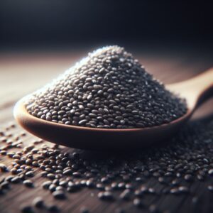 A wooden spoon heaped with tiny, textured chia seeds, providing a contrast against the smooth grain of the spoon.