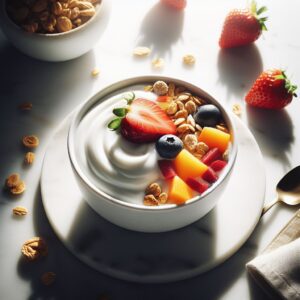 A bowl of creamy Greek yogurt generously topped with fresh blueberries and sliced strawberries, offering a visually appealing contrast of white and bright fruity colors.
