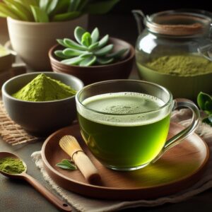 A glass mug filled with warm, soothing green tea, beside a small pile of vibrant matcha powder, creating a calming scene of traditional Asian beverages.