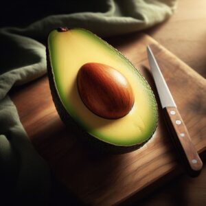 An avocado cut in half revealing its creamy green flesh and large pit, with a sharp knife resting beside it on a wooden cutting board.