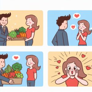 A comic strip with two characters: a man and a woman. The man brings the woman some vegetables and the woman falls in love with him