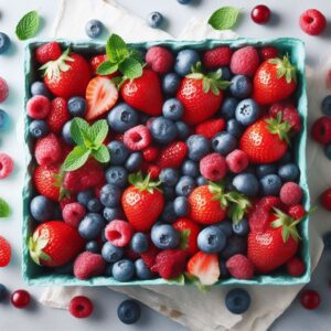 A carton brimming with a vibrant mix of blueberries, strawberries, and raspberries, showcasing a tantalizing medley of colors and textures.