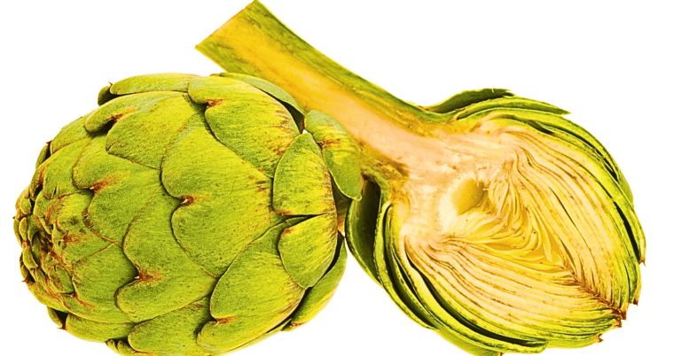 A detailed, up-close image featuring a whole artichoke alongside a split artichoke, offering a revealing view of their inner structures, set against a neutral white background.