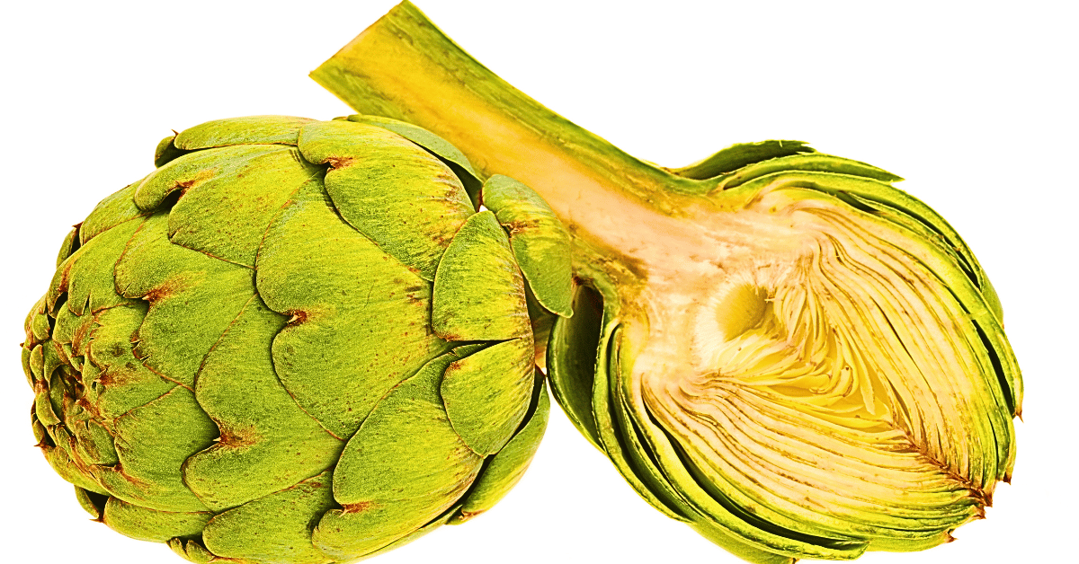 A detailed, up-close image featuring a whole artichoke alongside a split artichoke, offering a revealing view of their inner structures, set against a neutral white background. 