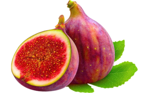 A whole fig and a halved fig, revealing its intricate insides, both adorned with attached leaves, set against a pristine white background. This imagery captures the natural allure of the fig fruit, highlighting its lush exterior and luscious interior, while maintaining an air of understated elegance.