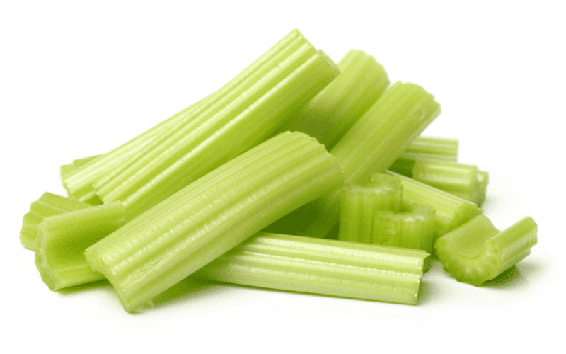 Crunchy, fresh celery sticks arranged neatly on a clean white background. The vibrant green color and fibrous texture of the celery create an enticing visual, inviting the viewer to indulge in this healthy and refreshing snack option